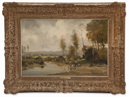 Willem G. F. Jansen, Painting, Laundresses by a River,: Oil on canvas Netherlands, circa 1910 Willem George Frederik Jansen (1871-1949) – Dutch landscape painter and ceramic designer Signed lower right ‘W G F Jansen’ Landscape with laundresses by a r