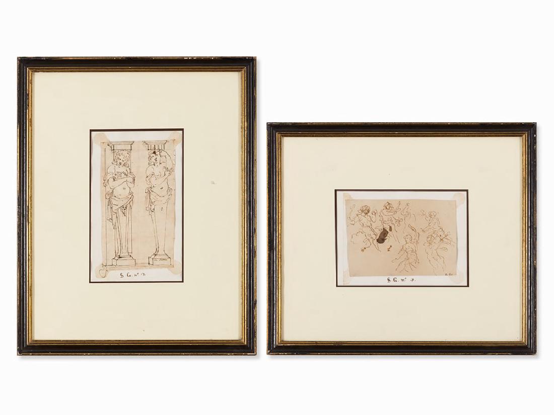 Palma il Giovane (c.1548-1628) Attr., Pair of Studies,: Pen and ink drawing in brown on laid paper, laid down on light cardboard Italy, circa 1600 Pair of studies with figures and caryatids Attributed to Jacopo Palma il Giovane, actually Jacopo Negretti (c