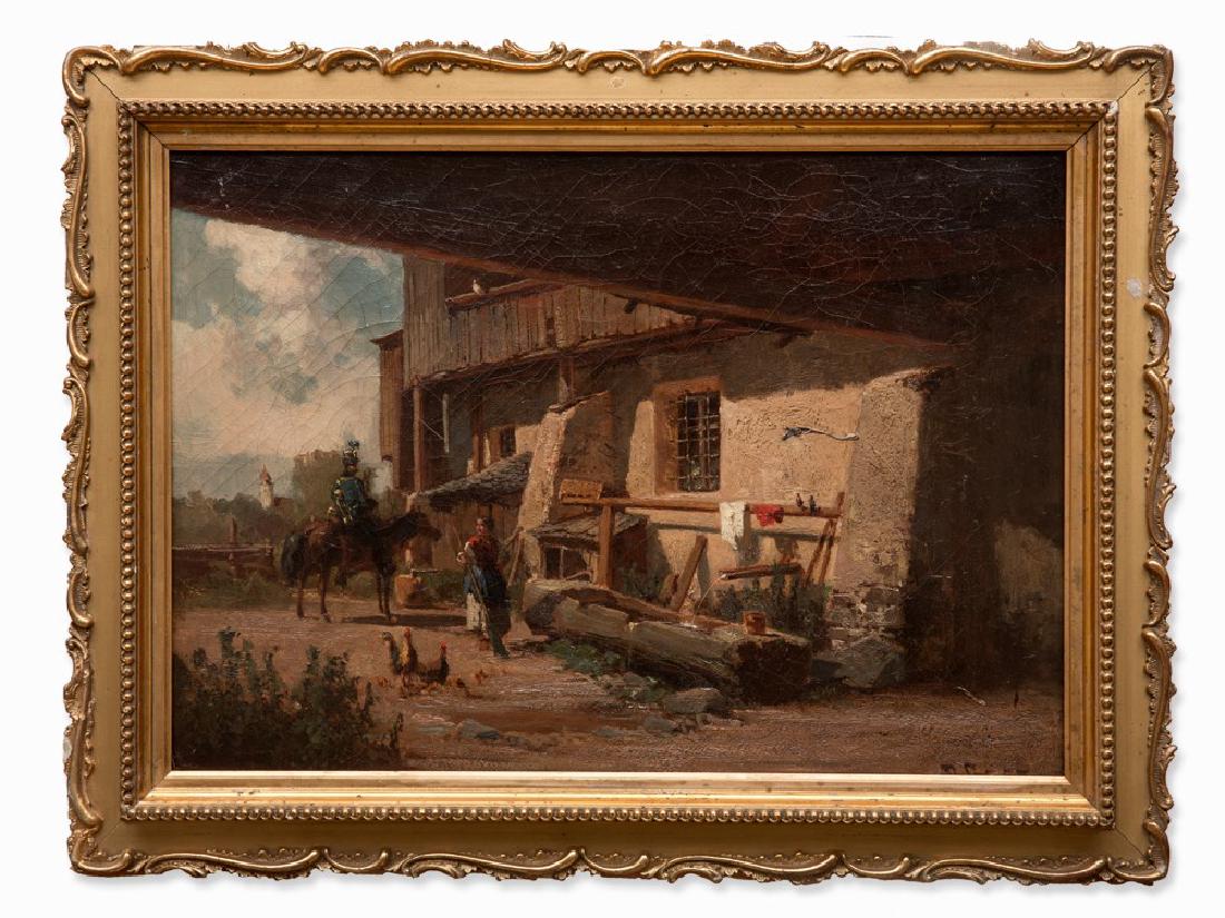 Bernhard Girscher, Oil Painting, Soldier on a Horse,: Oil on canvas Munich, Germany, 1857 Bernhard Girscher (1822-1870) – German painter Signed and dated lower right ’B. Girscher 1857’ Verso several labels Gilt stucco frame Canvas dimensions: 35 x