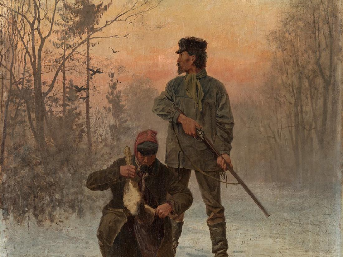 Fritz von Kleudgen, Hunters in the Snow, Oil, c. 1870: Oil on canvas Fritz von Kleudgen (1846-1924) – German painter Signed ‘Fv Kleüdgen’ lower right In black-gilt, profiled wooden frame: 108,5 x 91 cm Exhibition label ‘NDGKV’ (Norddeutscher Ge