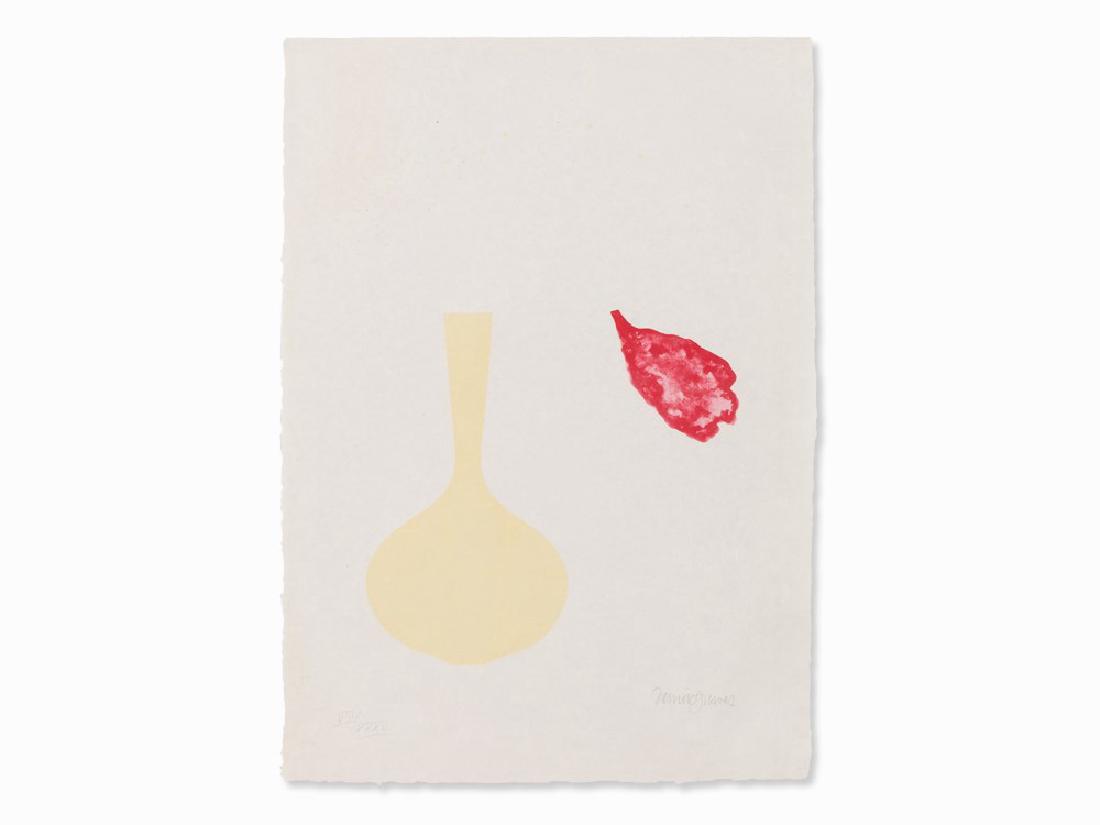 Derrick Greaves, Vase and Falling Petal, Lithograph,: Lithograph in colors on paper England, 1971 Derrick Greaves (b. 1927) – English painter, graphic artist, illustrator and collage artist Signed ‘Derrick Greaves’ and numbered/inscribed, in pencil