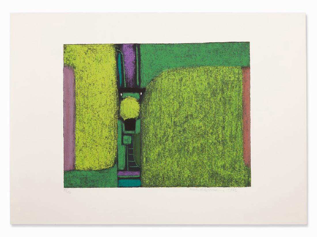 Max Ackermann, Serigraph, ‘Überbrückte Kontinente‘,: Serigraph in colors on laid paper Germany, 1972 Max Ackermann (1887-1975) – German artist Signed and dated with pencil on the lower right ‘Max Ackermann 1972‘ Numbered with pencil on the lower l