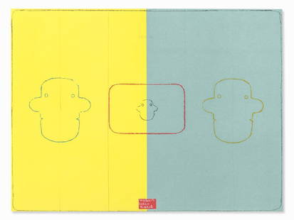 Robert Filliou, Modern Video Model, Offset Lithograph,: Offset lithograph in colors with collage on cardboard Germany, 1984 Robert Filliou (1926-1987) – French artist and exponent of Fluxus art Signed upper center in pencil ‘R. Filliou’ Entitled in t