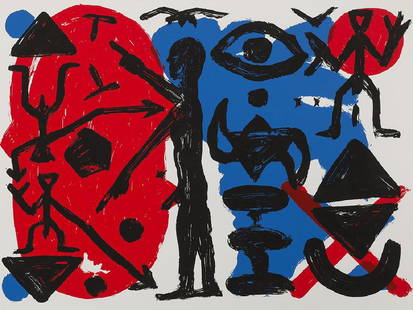 A.R. Penck, Figurative Composition, Color Serigraph,: Serigraph in colors on cardboard Germany, 1990s A.R. Penck (b. 1939) – German painter and printmaker Image dimensions: c. 48 x 68 cm; sheet dimensions: 60 x 80 cm Good condition Condition: The she