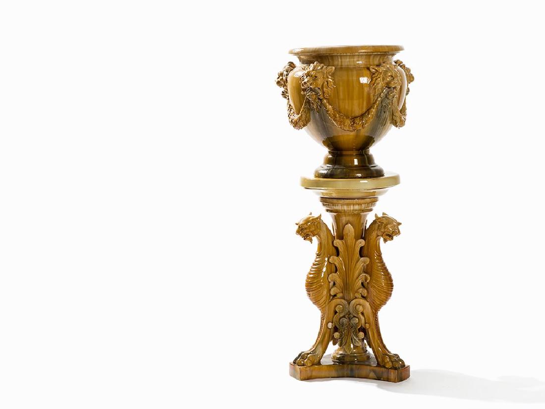 Clément Massier, Large Flower Stand, France, c. 1900: Ceramic, polychrome glazed Clément Massier (1845-1917) – French ceramist On a circular column with three feet a circular removable disc with a flattened baluster-shaped flower column The column dec