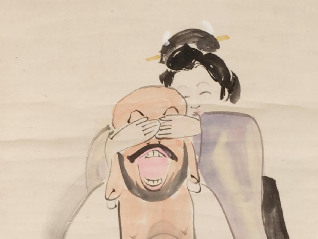 KOBAYASHI Kiyochika, Hand-Painted Ukiyo-e, 20th C.: Ink and colors on paper Mounted as a scroll painting in a silk brocade frame Japan, 20th century KOBAYASHI Kiyochika (1847-1915) – Japanese ukiyo-e painter and printmaker Humorous depiction of a gei