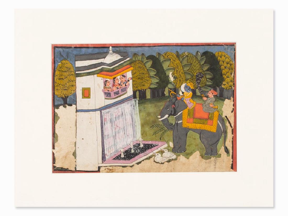 3 Miniature Paintings, Krishna and Gopis, Bundi/Kotah,: Opaque waterbased pigments with gold on paper Mounted under a mat India, late 18th century Bundi or Kotah School One painting depicting Krishna approaching Radha's Pavilion, one painting with gopis be