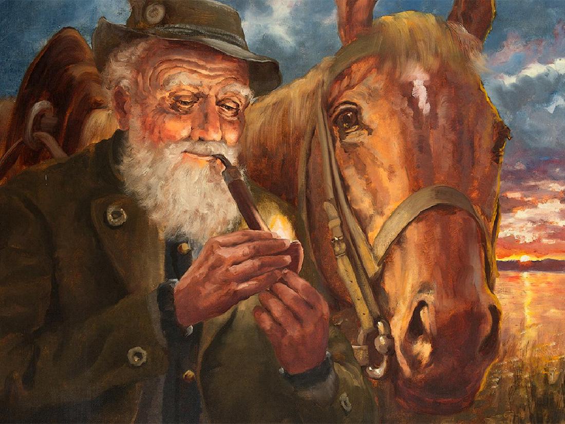 Hans Hübers „Farmer with Horse“, Oil Painting mid-20th: Oil on canvas Germany, mid-20th Century Hans Hübers (geb. 1906), German painter Signed lower left “Hübers” Overall dimensions: 60 x 50 cm Very good condition This charming oil painting by the Ge