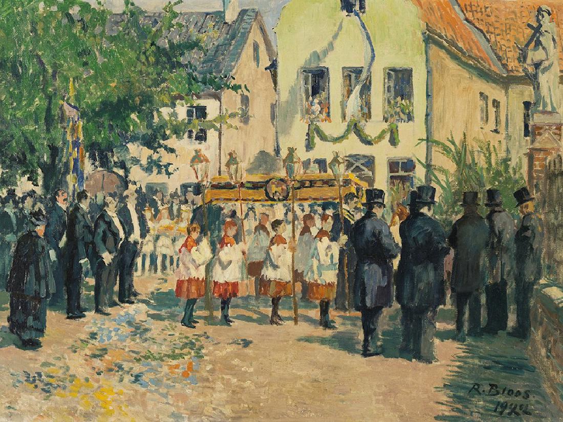 Richard Bloos (1878-1956), Corpus Christi Procession,: Oil on canvas, relined Germany, 1922 Richard Bloos (1878-1956) - Düsseldorf painter, etcher and graphic artists of Impressionism Signed and dated 'R. Bloos 1922' lower right Labeled by the art dealer