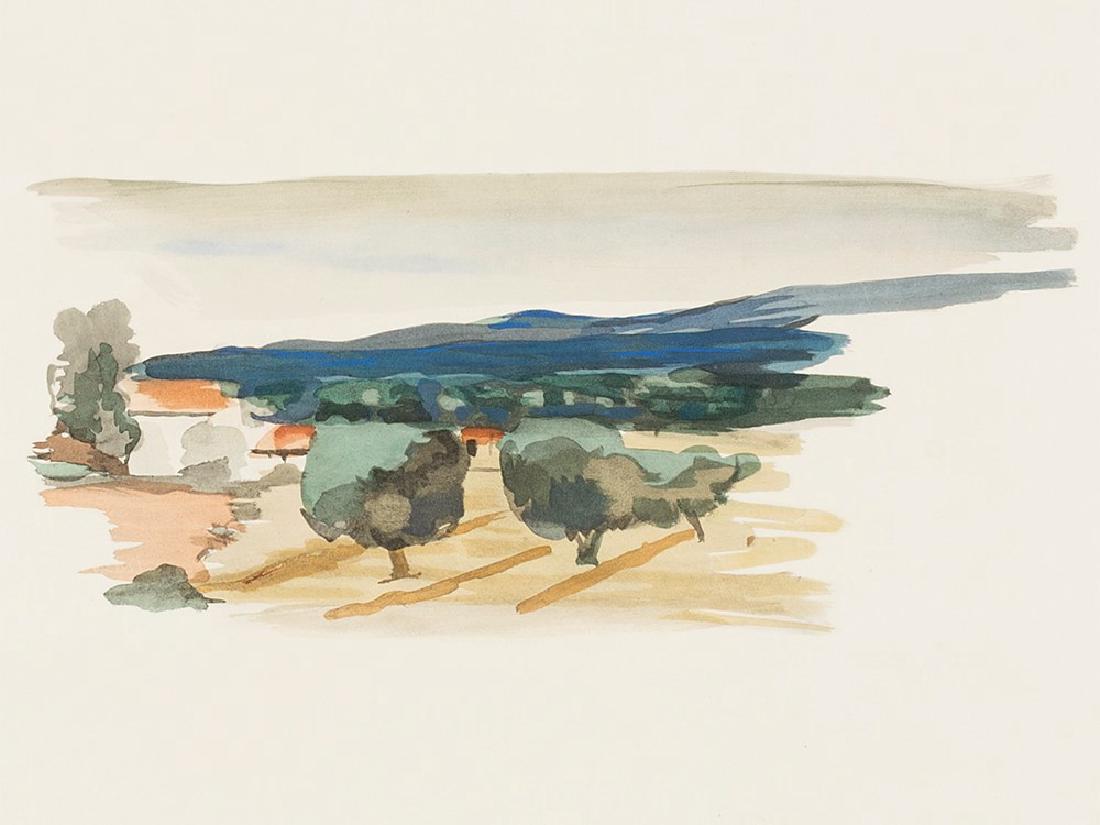 After André Derain, Paysage, Collotype, 1933: Collotype in colors on ‘Arches’ wove paper (watermark) France, 1933 After André Derain (1880-1954) – French painter, sculptor and graphic artist; follower of the ‘Fauves’ With blind stamp �