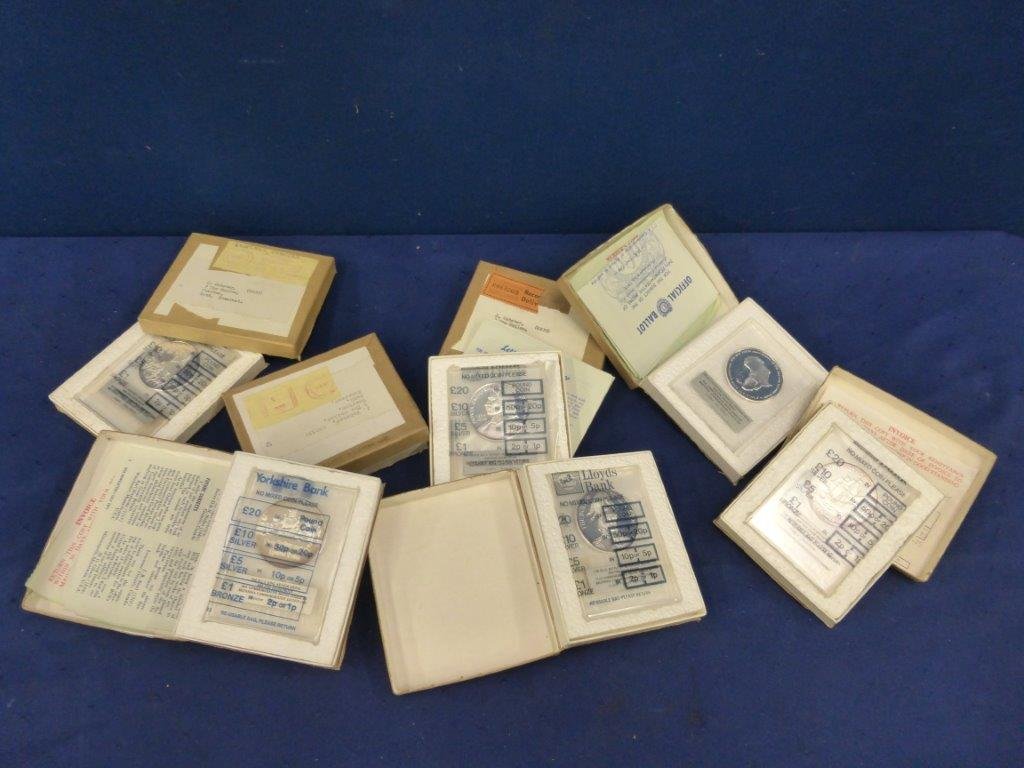 Seven slabbed silver fine silver proof medallions: Seven slabbed silver fine silver proof medallions commemorating Oliver Cromwell, King Arthur, Sir Walter Scott, Geoffrey Chaucer, Dr. Livingstone, Mayflower and Duke of Wellington.