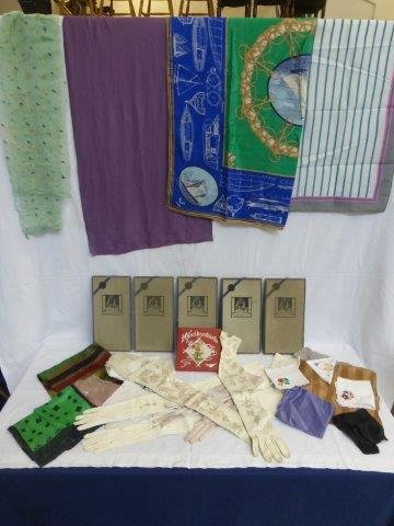 Yesterday's World Museum Haberdashery - a box of: Yesterday's World Museum Haberdashery - a box of gloves, glove stretchers (inc. a good mahogany example), scarves, handkerchiefs and handkerchief boxes.