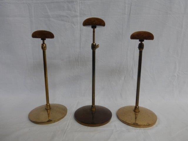 Yesterday's World Museum Haberdashery - three brass: Yesterday's World Museum Haberdashery - three brass Harris & Sheldon telescopic hat stands with velvet tops.