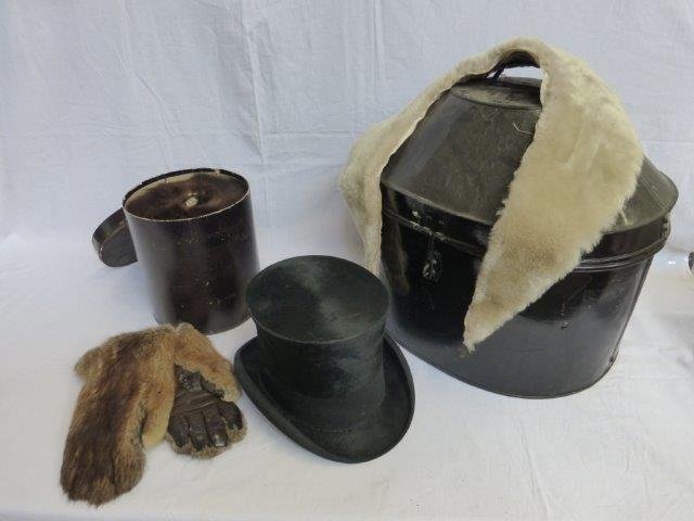An M. Mares of Luton top hat in a toleware tin hat box,: An M. Mares of Luton top hat in a toleware tin hat box, a good fur muff in original cardboard box, a faux fur collar and a pair of fur and leather gloves.