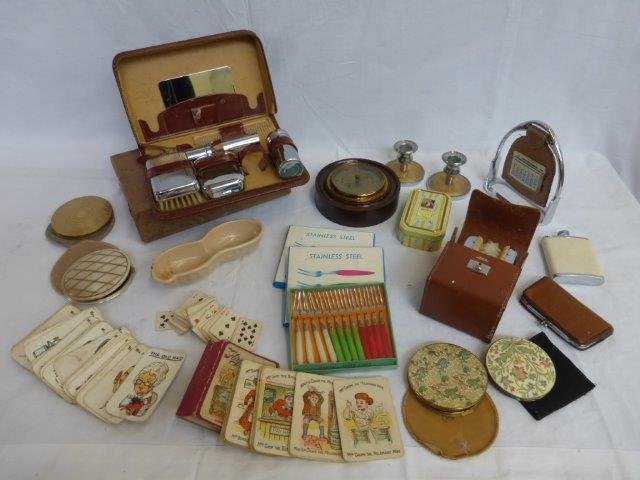 A small box of collectables to include a Walker & Hall: A small box of collectables to include a Walker & Hall barometer, cocktail forks etc.