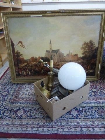 A box of assorted table lamps and glass ceiling light: A box of assorted table lamps and glass ceiling light shades, a machine made floor rug, a pair of stone bench ends, a fire grate, a metal fireguard, a pair of fire dogs and a decorative medieval marke