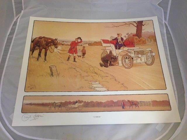 An unframed Cecil Aldin print 'A Check' depicting a: An unframed Cecil Aldin print 'A Check' depicting a veteran motor car and figures on horses.