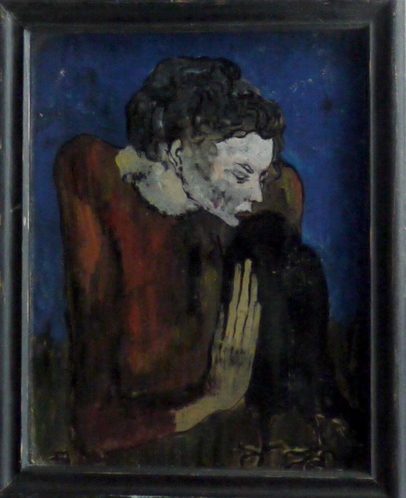 Unles. Monogrammed.: Man, stroking a raven. In the style of Egon Schiele. Hinterglasbild / R. 25 x 20 cm.