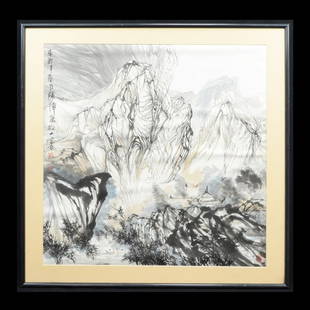 CHEN HUI’S INK PAINTING (1981): 1981年陳輝繪水墨畫 Chinese ink painting by the artist, Chen Hui. Painting depicts mountain peaks, pine trees, and pavilion. Beautiful painting by this