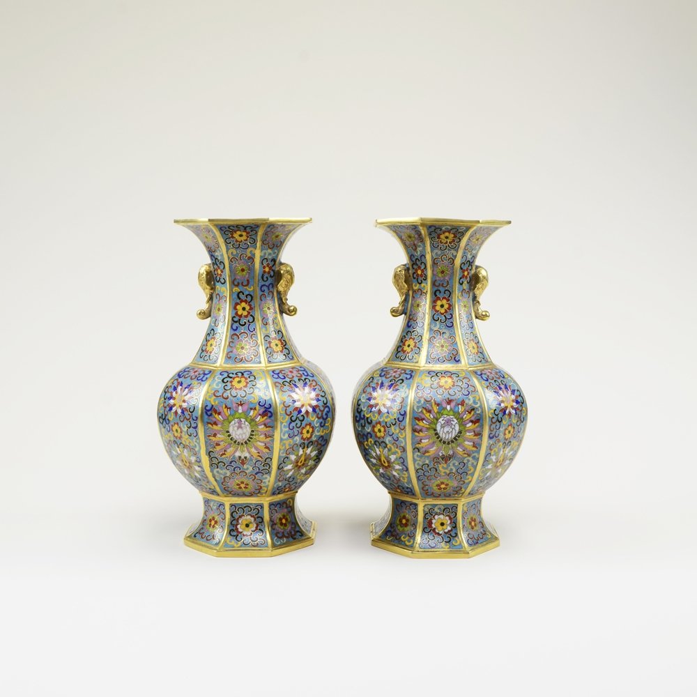 PAIR OF OCTAGONAL CLOISONN? VASES: Has elephant heads as handles. Thick copper based. Intricately lined and designed. (H: 13")