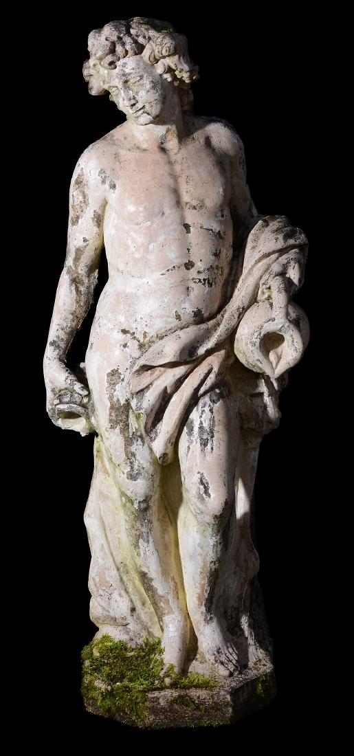 Two assocoiated painted stone composition garden: Two assocoiated painted stone composition garden figures of Bacchus and the Bather, early 20th century, portrayed standing, the former with smiling face declined to dexter, a wine jug held in his left