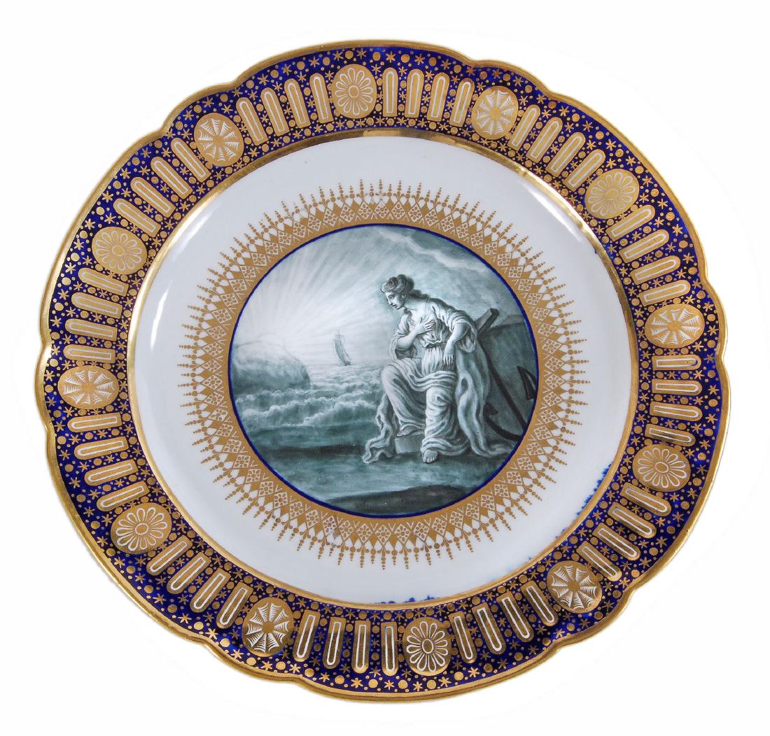 A Worcester plate from the celebrated 'Hope: A Worcester (Flight) plate from the celebrated 'Hope' service ordered by HRH The Duke of Clarence (later William IV) and decorated by John Pennington , circa 1790-92, typically decorated en grisaille 