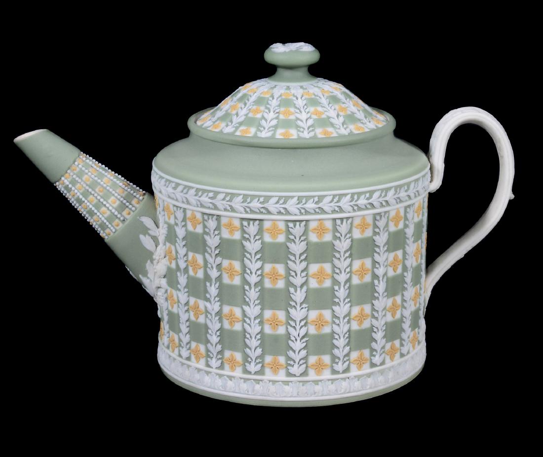 A Wedgwood tri-colour jasper 'diced' cylindrical teapot (1 of 6)