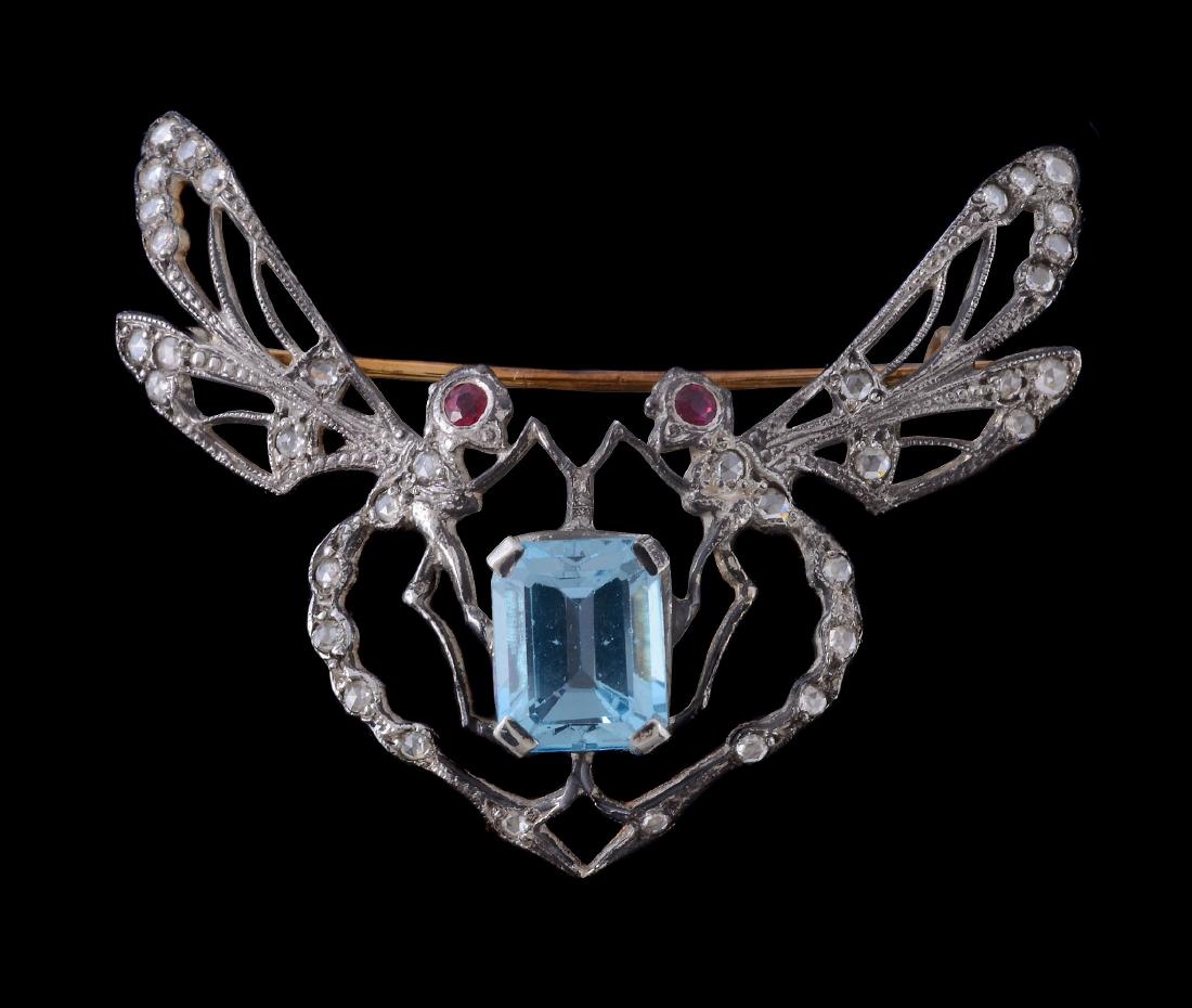 A blue topaz, diamond and ruby double dragonfly brooch (1 of 2)