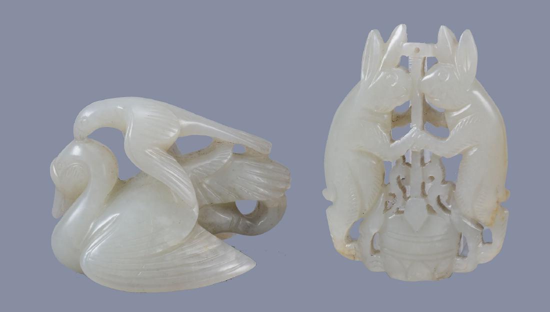 A Chinese white jade carving of a 'goose and bird', 6cm (1 of 4)