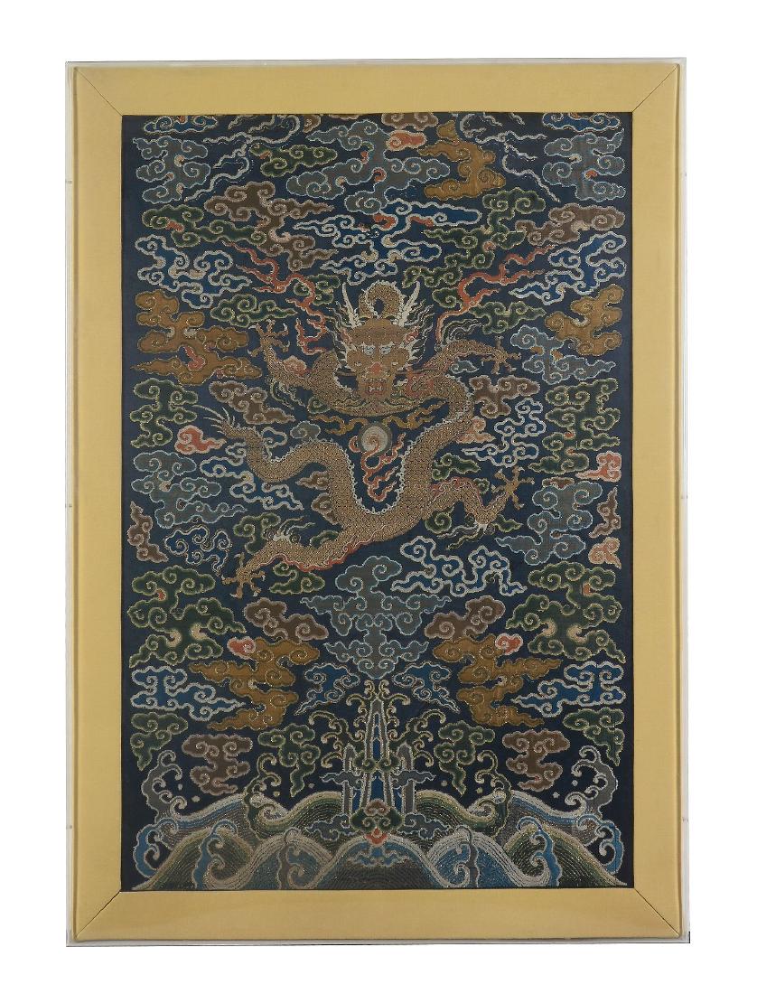 An attractive Chinese 'dragon' silk satin panel, early (1 of 4)