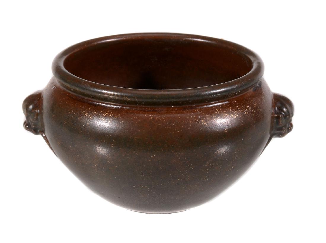A Chinese tea-dust glazed small censer, with lion and (1 of 3)