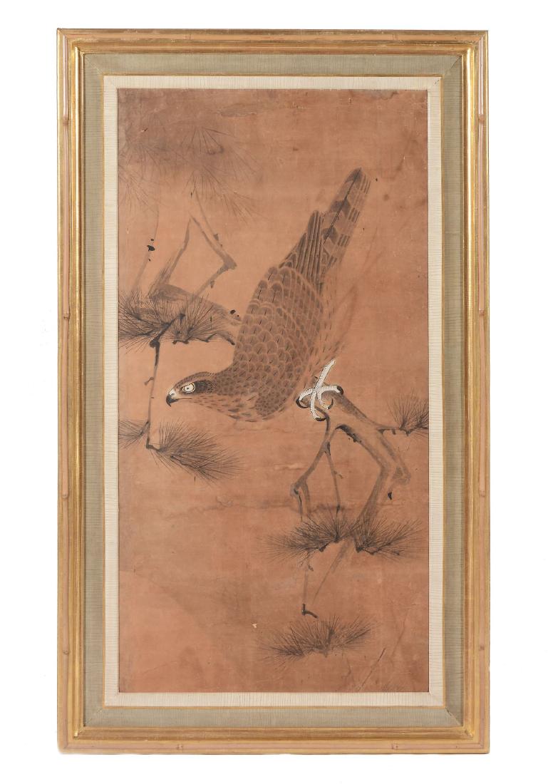 A pair of watercolour paintings of hawks, Edo period , (1 of 3)
