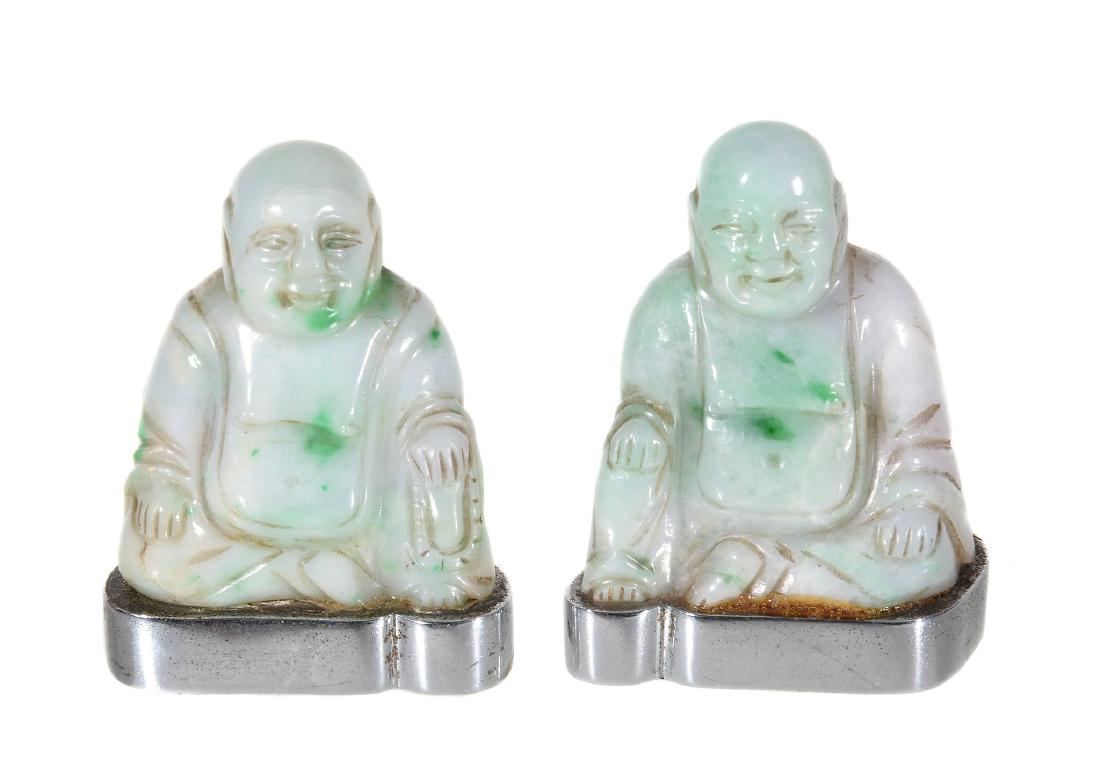 Two Chinese Jadeite Buddhas, seated on chromed metal (1 of 4)