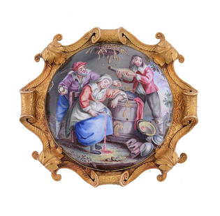 A mid 19th century Continental circular enamel brooch,: A mid 19th century Continental circular enamel brooch, circa 1860, painted with La Surprise du Vin after Antoine Le Nain, the engraved gold coloured mount with acanthus and paper scroll edges, with in