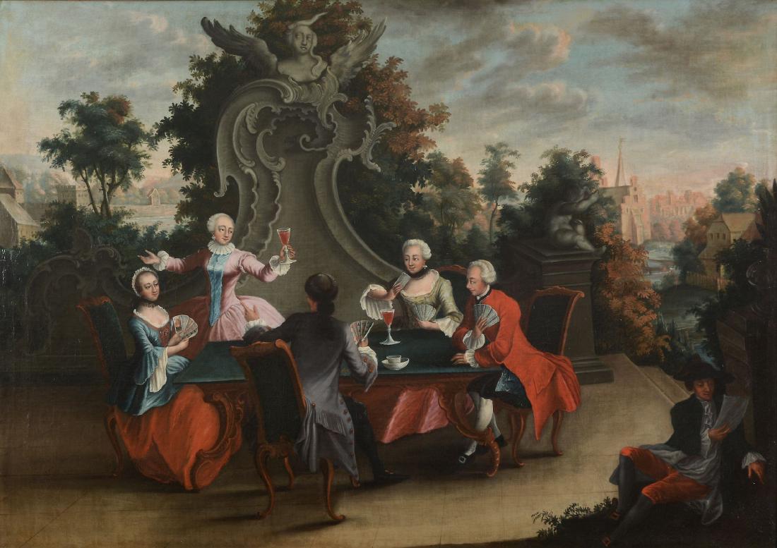 Johann Esaias Nilson (German 1721 - 1788) - The game: A pair of conversation pieces Oil on canvas each 117 x 163cm (46 x 64in.) (2) Each bears on the stretcher various German labels. An inventory from Schloss Kohren Sahlis Borna, a description label desc