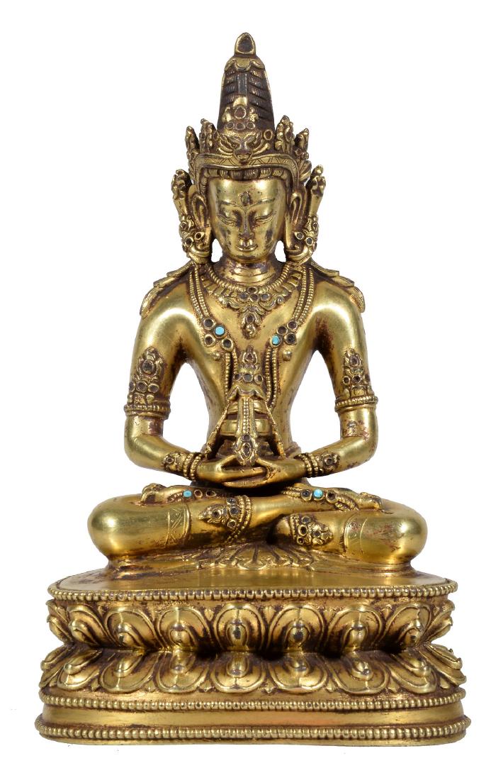 A Tibetan gilt bronze figure of Amitayus , 16-17th (1 of 4)