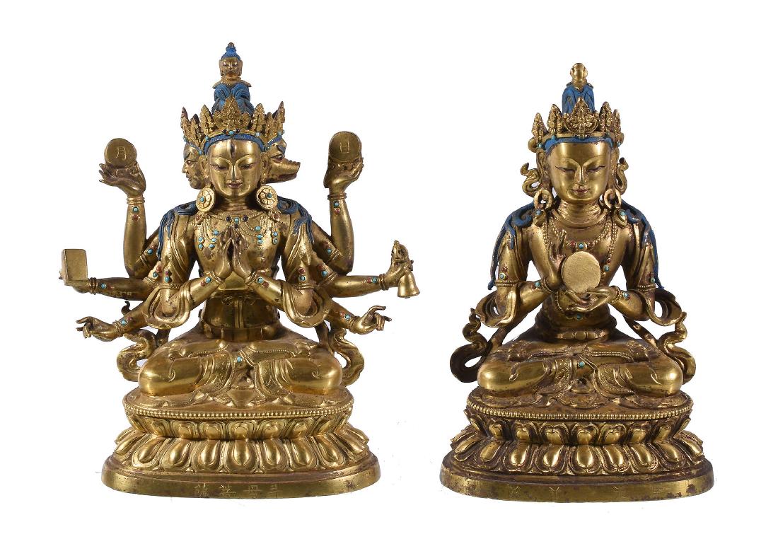 Two Sino-Tibetan gilt-bronze figures, China or Tibet, (1 of 10)