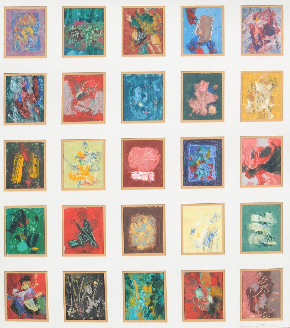 Mahmoud Hammad (Syrian b. 1923) - Five works: Mahmoud Hammad (Syrian b. 1923) - Five works comprising: Abstract in Squares , signed in Arabic and English and dated ' 80 lower right Figures in Squares , signed in Arabic and English and dated lower
