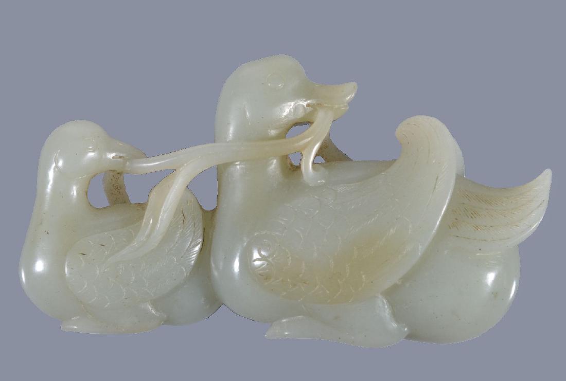 A Chinese celadon jade carving of two Mandarin ducks (1 of 3)