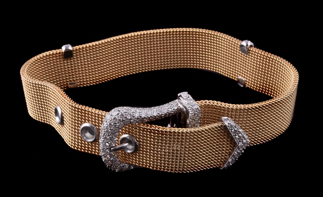 A diamond set buckle bracelet by Tiffany & Co.: A diamond set buckle bracelet by Tiffany & Co., the gold coloured woven link bracelet with brilliant cut diamond set batons, a diamond set buckle and end tip, approximately 1.82 carats total, the clas