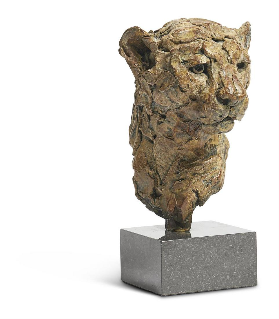 λ HAMISH MACKIE (B. 1973), BRONZE CHEETAH HEAD: λ HAMISH MACKIE (B. 1973) CHEETAH HEADBRONZE ON A DARK GREY MARBLE PLINTHSigned in the Maquette 30cm high overallBritish wildlife sculptor Hamish Mackie has had the privilege of observing wildlif