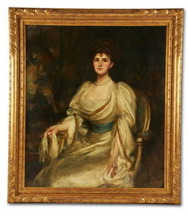 JAMES JEBUSA SHANNON (BRITISH/AMERICAN 1862-1923), MRS: JAMES JEBUSA SHANNON (BRITISH/AMERICAN 1862-1923)MRS GEORGE HARLAND-PECK, PORTRAIT OF A LADY SEATED FULL LENGTH IN A WHITE DRESSOil on canvas Signed lower right 127 x 108cm (50 x 42½ in.)Proven