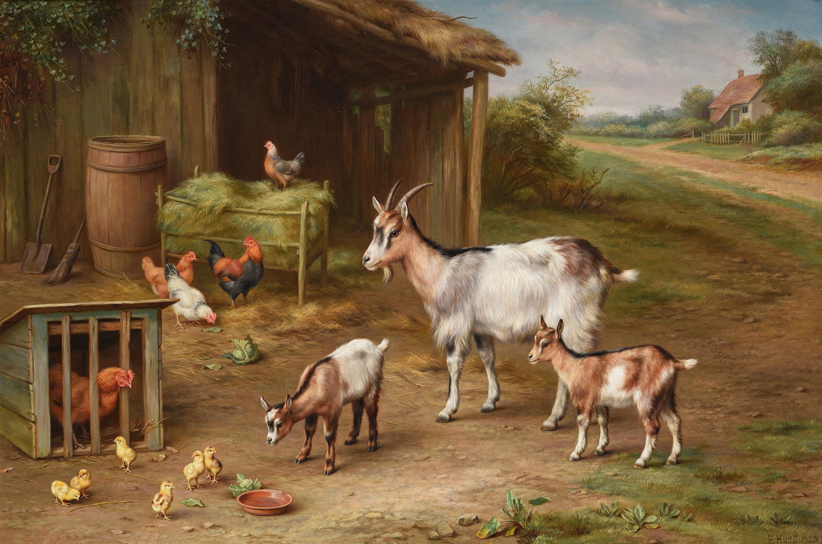 λ EDGAR HUNT (BRITISH 1876-1953), FARMYARD: λ EDGAR HUNT (BRITISH 1876-1953)FARMYARD GATHERING Oil on canvasSigned and dated 1925 (lower right)49 x 75cm (19¼ x 29½ in.)Provenance:Richard Green, LondonSale, Bonhams, London, 14