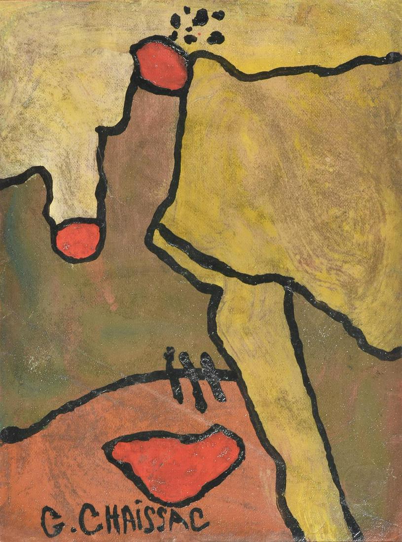 λ Gaston Chaissac (French 1910-1964), Composition: λ Gaston Chaissac (French 1910-1964)Composition abstraite à trois points rougesAcrylic on paper laid down to canvasSigned (lower left)33 x 25cm (12 x 9¾ in.)Executed in 1959.Provenance: