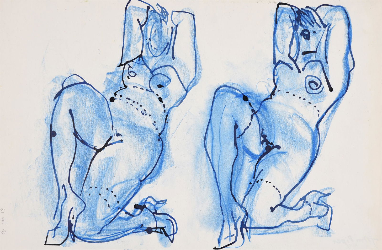 λ John Piper (British 1903-1992), Two blue nudes: λ John Piper (British 1903-1992)Two blue nudesCrayon and inkDated 31 viii 67 (lower right); with the block-stamped signature 'John Piper JECP' (verso)53.5 x 36cm (21 x 14 in.)