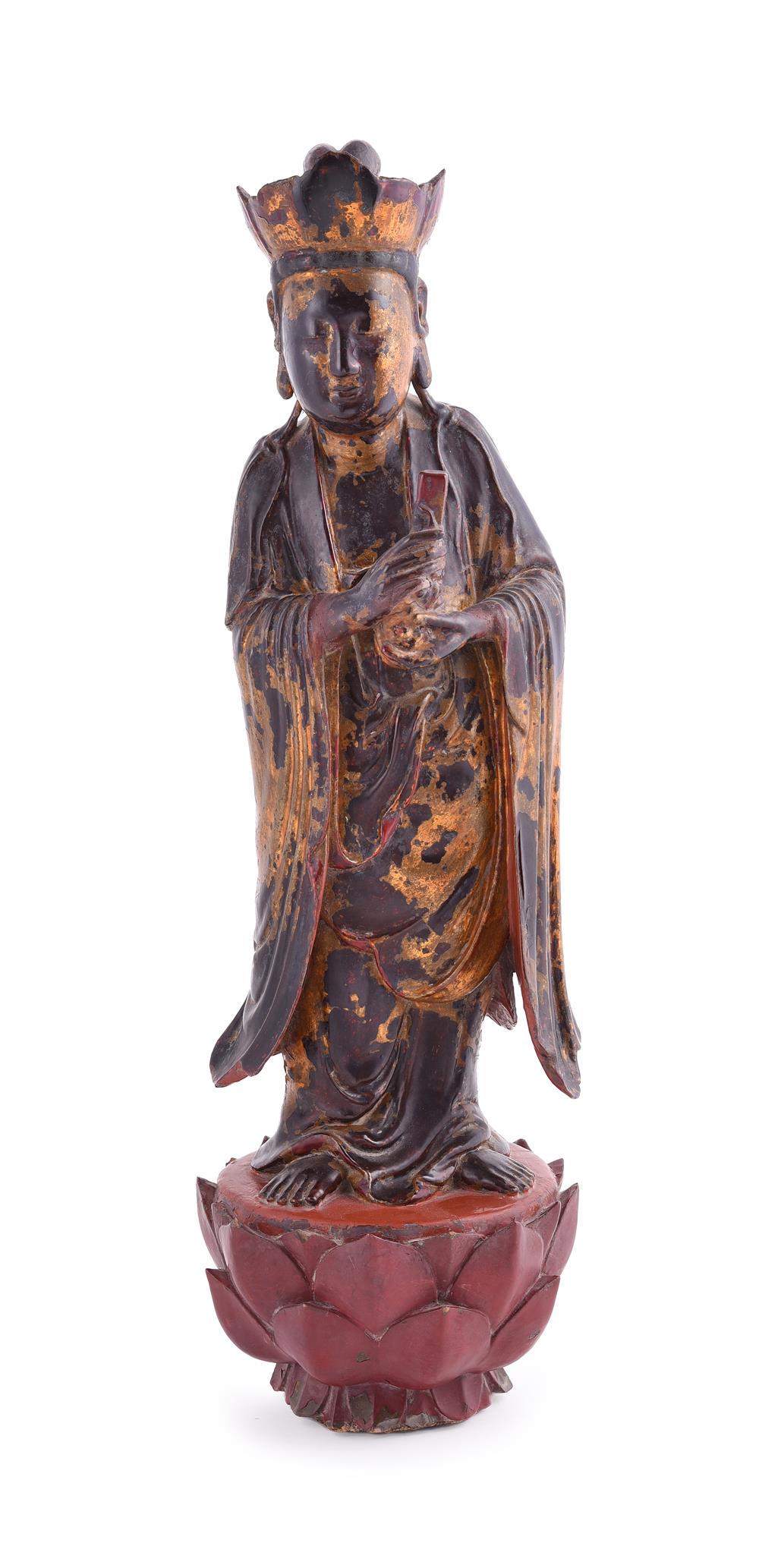 A Chinese carved wooden temple figure of Guanyin (1 of 6)