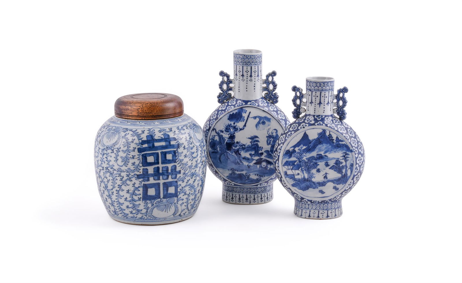 Two Chinese blue and white Moon flasks: Two Chinese blue and white Moon flasks, 19th century, 30.3cm and 26.3 cm high and a Chinese blue and white 'marriage' ginger jar, late 19th century, the jar 22cm high, wood cover (3) 青花&
