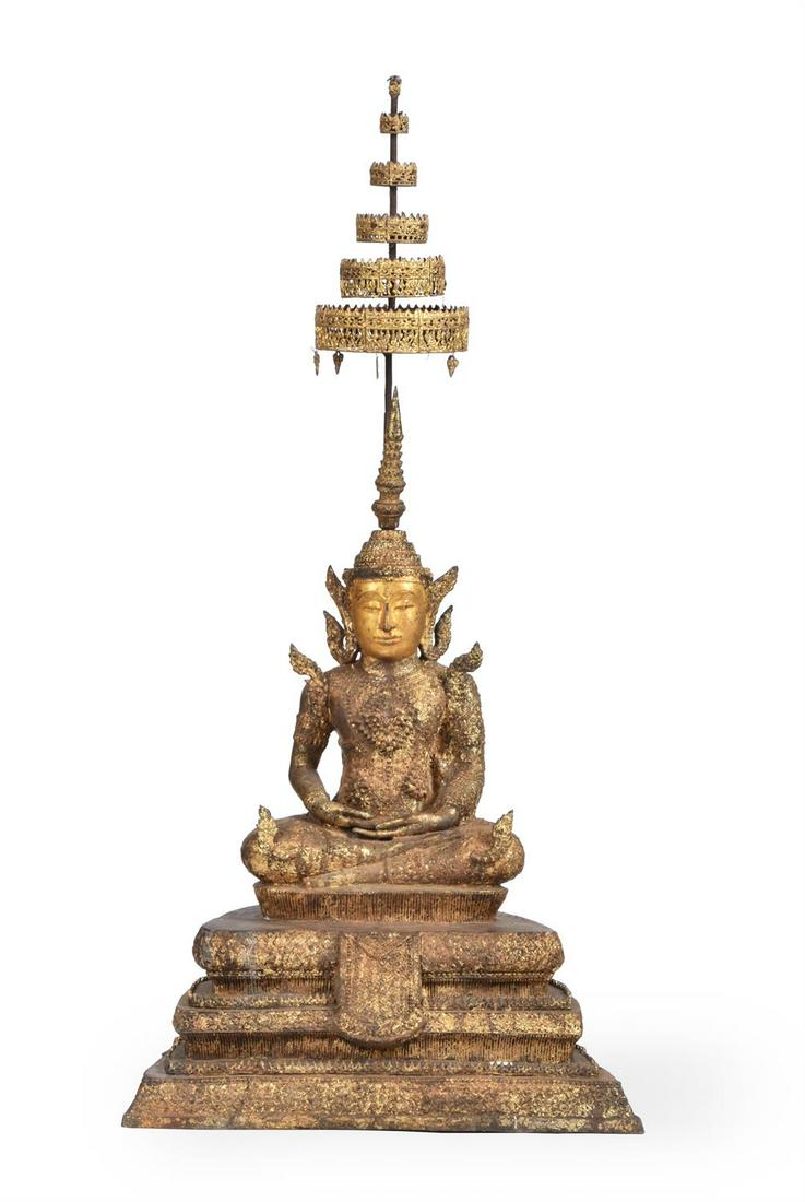 A lacquered and gilt bronze large figure of Buddha (1 of 4)