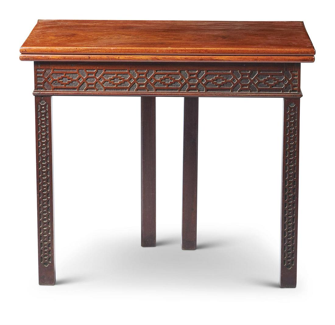 A GEORGE III MAHOGANY TEA TABLE, CIRCA 1780, IN THE: A GEORGE III MAHOGANY TEA TABLECIRCA 1780, IN THE MANNER OF THOMAS CHIPPENDALE With blind fretwork frieze and front legs 73cm high, 85cm wide, 37cm deep