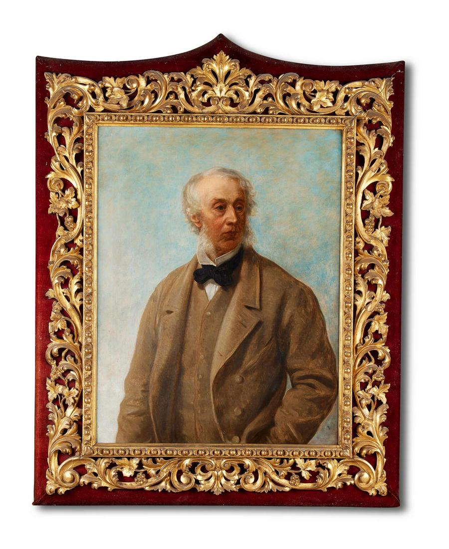 ATTRIBUTED TO VALENTINE CAMERON PRINSEP (BRITISH: ATTRIBUTED TO VALENTINE CAMERON PRINSEP (BRITISH 1838-1904) PORTRAIT OF COLONEL HELY HUTCHINSONOil on canvas91 x 71cm (35¾ x 27¾ in.)In a carved giltwood Florentine framed with a red velvet